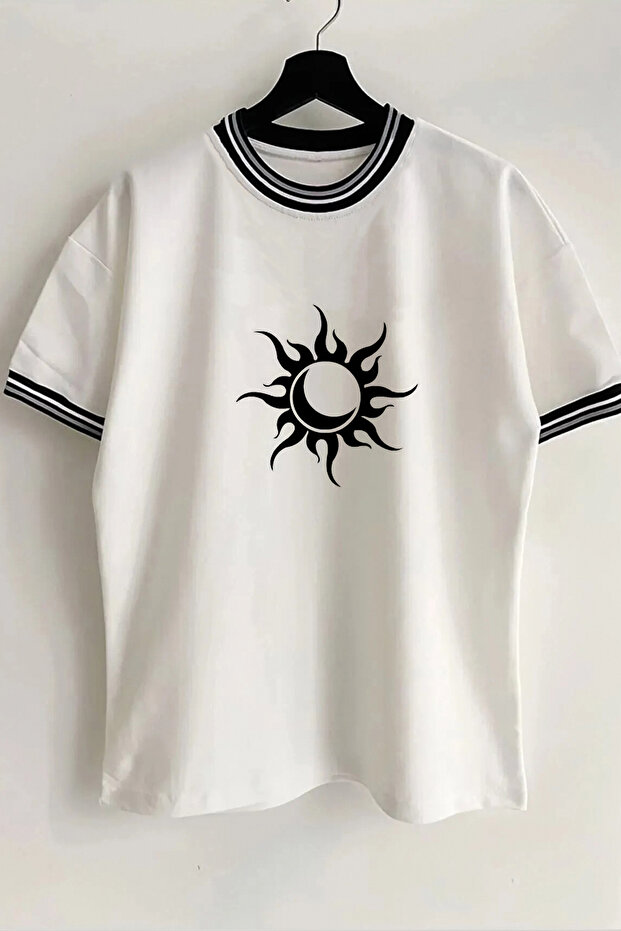 Moon and Sun Printed New Season Collar and Sleeve Detailed Ribbed White Oversize Unisex T-shirt