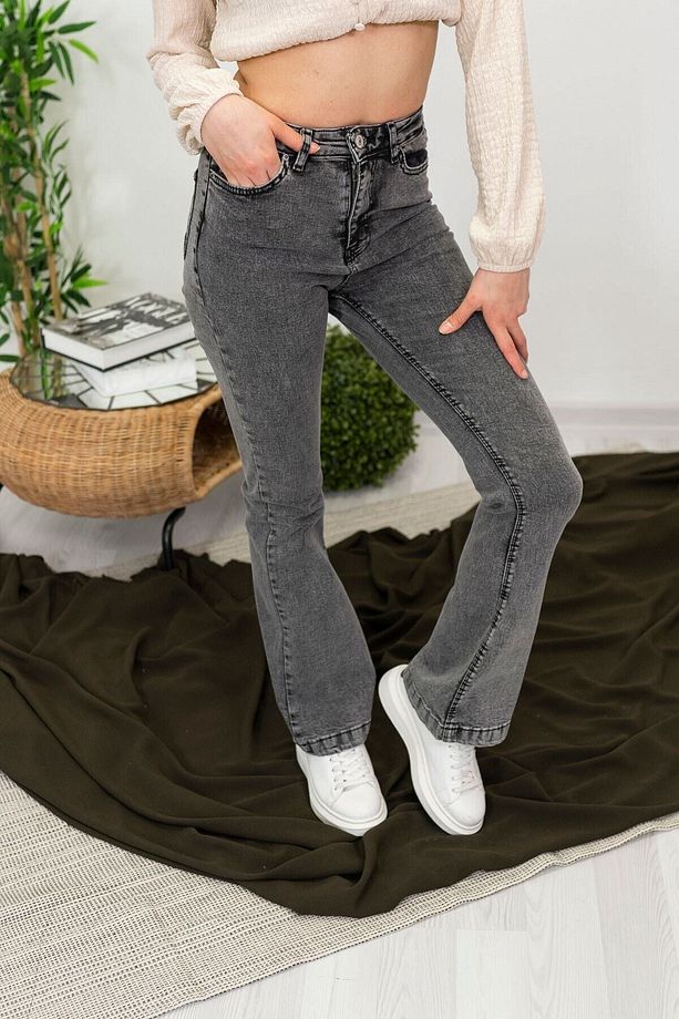 Antrasit Kar Yıkama Likralı Yüksek Bel Mavi Ispanyol Wide Leg Flare Jeans Pantolon - 3