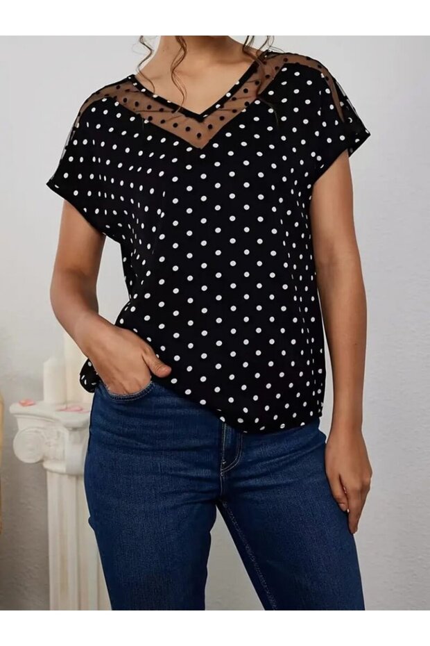 V-Neck Polka Dot Crepe Blouse - Women's, Short Sleeve