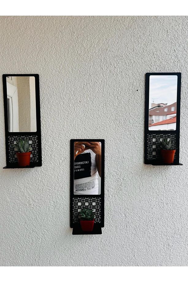 3'lü Ahşap Duvar Süsü  mumluk obje rafı   Duvar Dekoru - 3