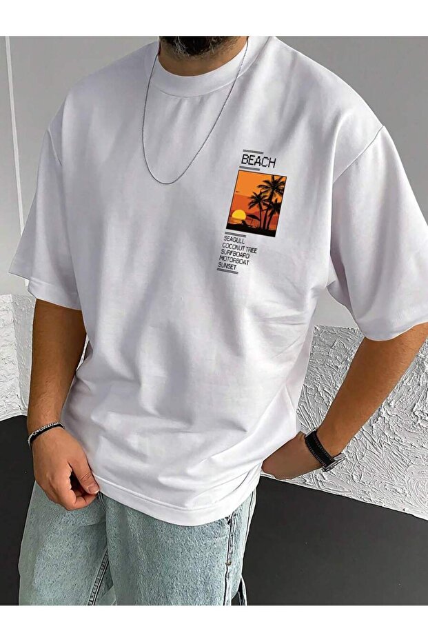 T-shirt - Beach Printed Oversized Crew Neck Short Sleeve T-Shirt