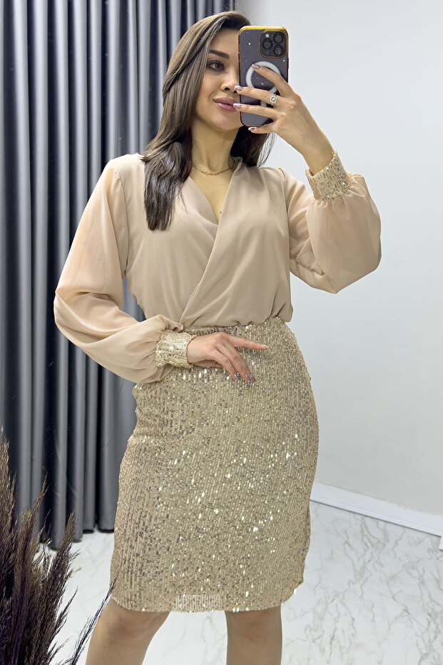 Double-breasted Collar Sequin Evening Dress Black, Beige, Emerald Green