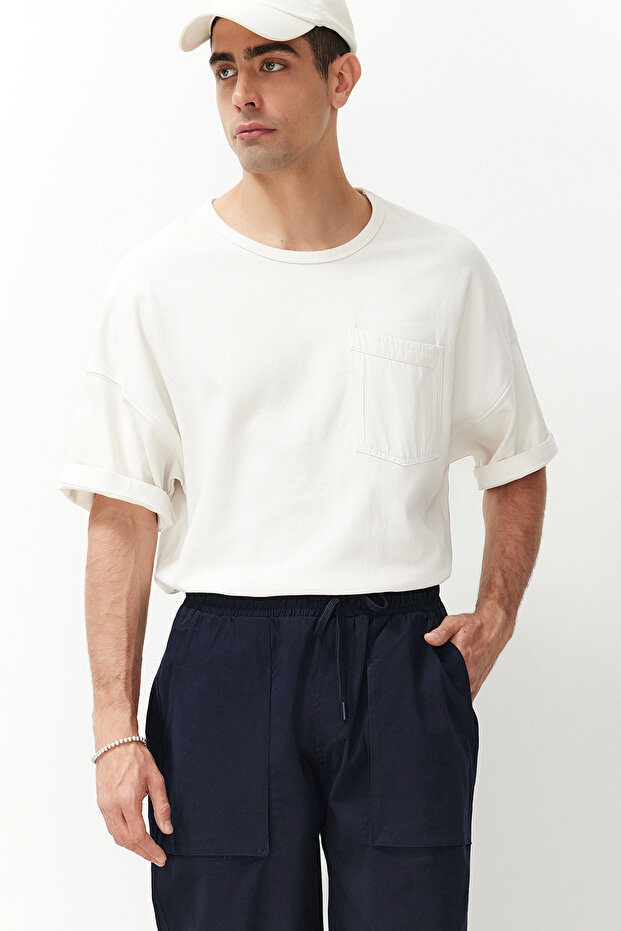 Lacivert Standart Fit Lastikli Beli Bağlamalı Baggy Pantolon TMNSS24PL00014 - 3