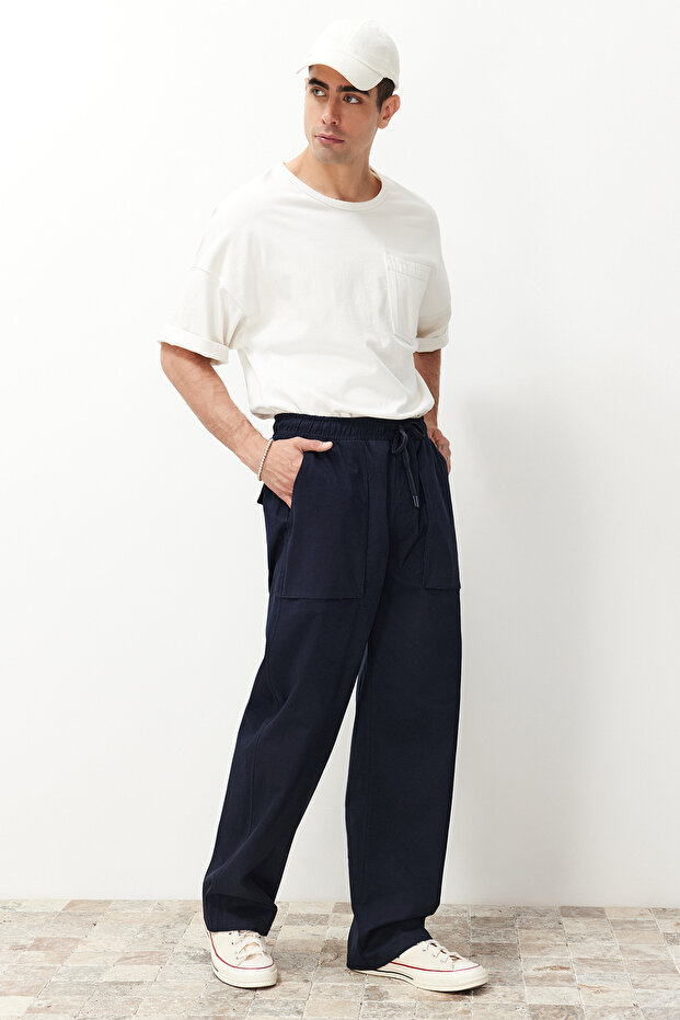 Lacivert Standart Fit Lastikli Beli Bağlamalı Baggy Pantolon TMNSS24PL00014 - 4