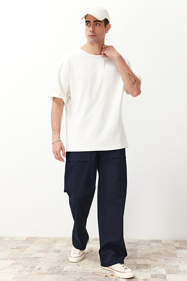 Lacivert Standart Fit Lastikli Beli Bağlamalı Baggy Pantolon TMNSS24PL00014 - 2