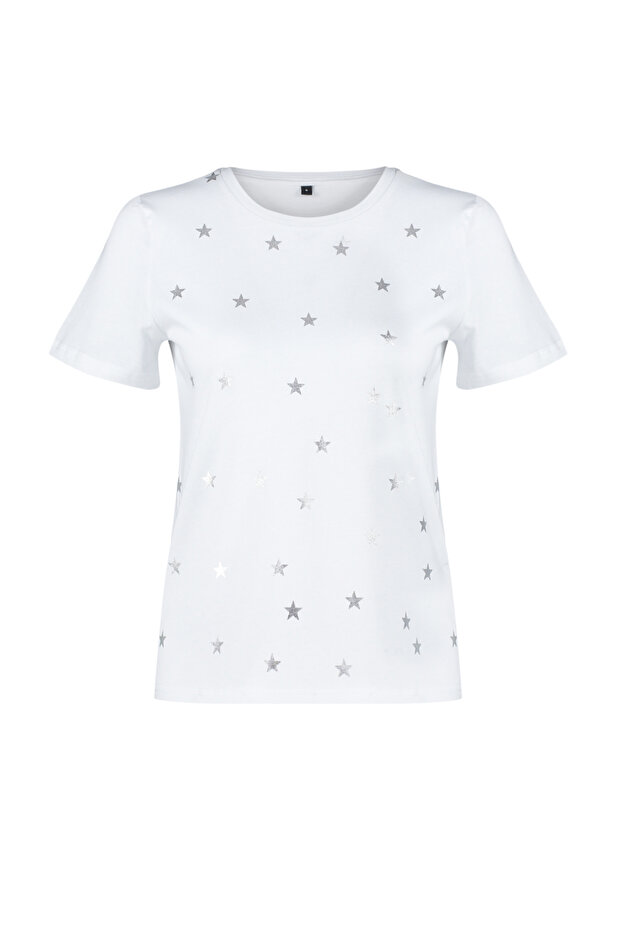 Beyaz %100 Kalın Pamuklu Varak Yıldız Baskılı Regular Kalıp Örme T-Shirt TWOSS20TS0757 - 8