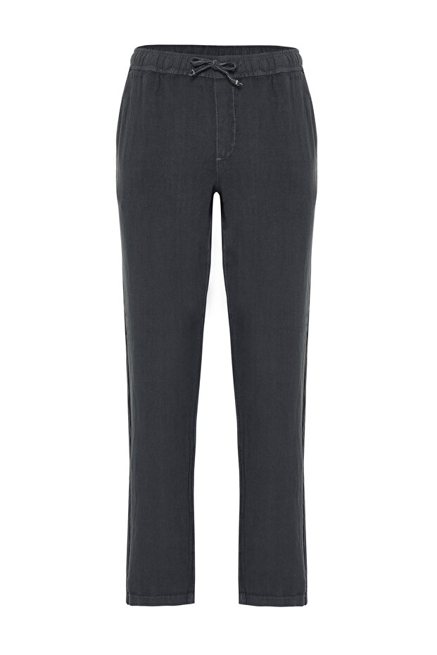 Premium Gri %100 Keten Straight Fit Lastikli Beli Bağlamalı Pantolon TMNSS24PL00018 - 7