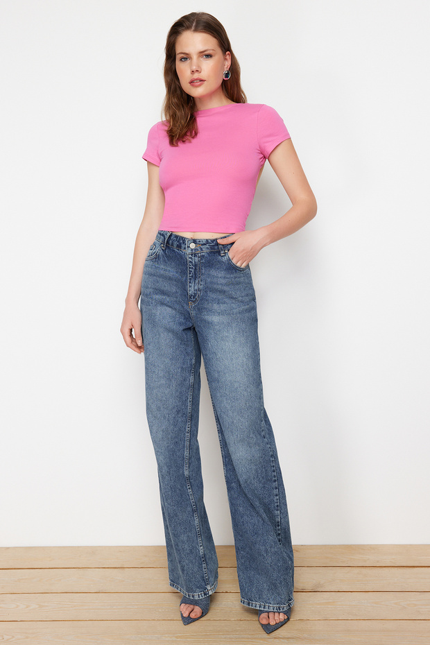 Pembe Sırt Dekolteli Crop Pamuklu Esnek Örme Bluz TWOSS23BZ00912 - 4