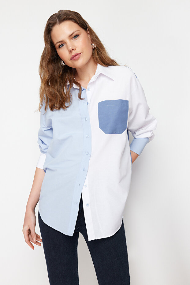 Mavi Renk Bloklu Oversize Geniş Kalıp Dokuma Gömlek TWOSS24GO00136 - 1