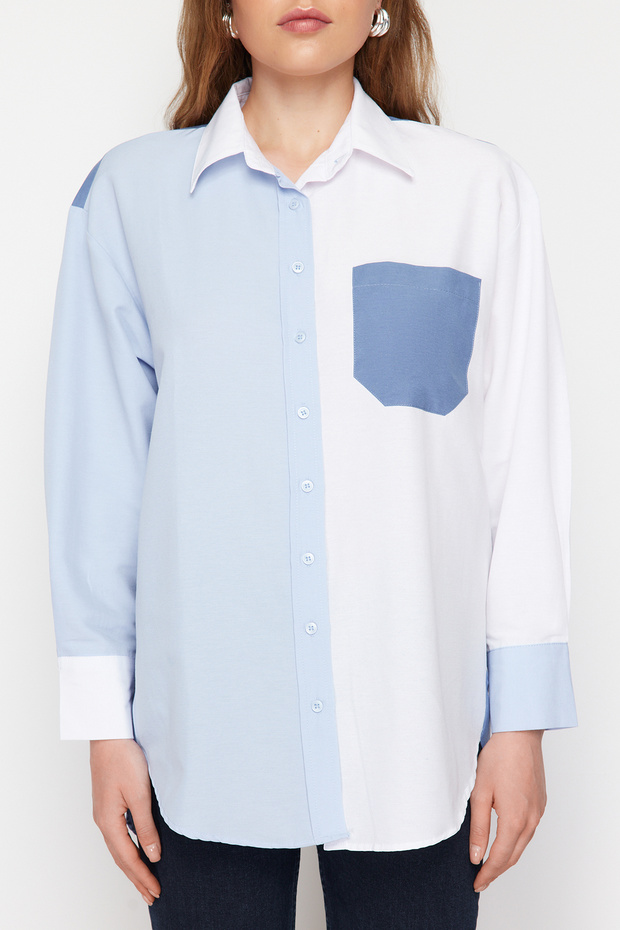 Mavi Renk Bloklu Oversize Geniş Kalıp Dokuma Gömlek TWOSS24GO00136 - 4