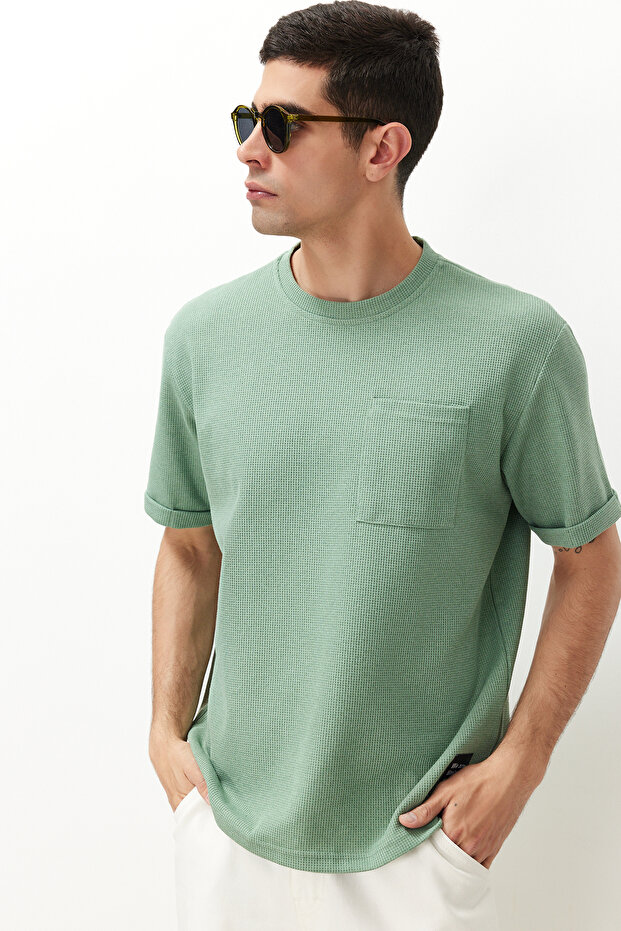 Basic Mint Relaxed/Rahat Kesim Dokulu Waffle Cepli Etiketli Kısa Kol T-Shirt TMNSS23TS00077 - 3