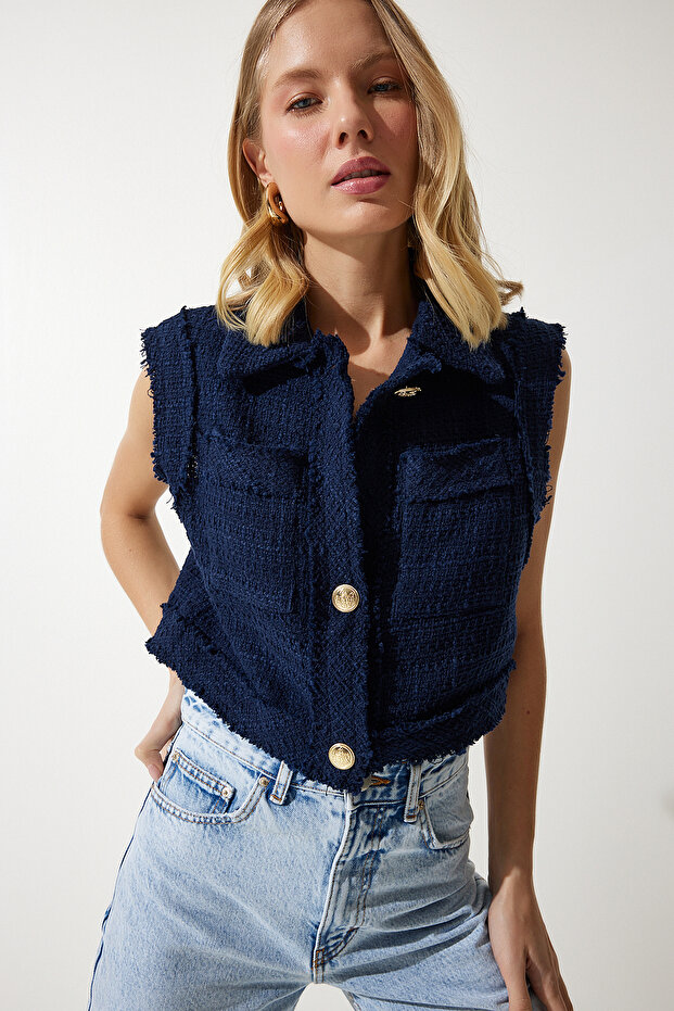 Women's Navy Blue Stylish Buttoned Patterned Crop Tweed Vest WF00068