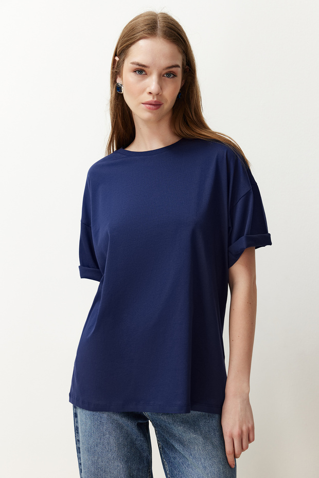 Lacivert %100 Pamuk Bisiklet Yaka Oversize/Geniş Kalıp Örme T-Shirt TWOSS20TS0134 - 1