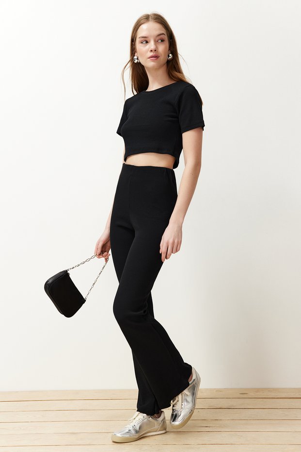 Black Crop Crew Neck Ribbed Stretchy Knitted Blouse and Pants Top and Bottom Set TWOSS21AU0160