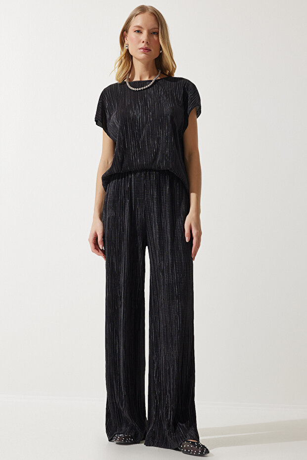 Women's Black Pleated Comfortable Blouse Pants Set MC00283