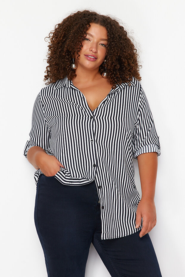 Navy Blue-White Viscose Long Sleeve Striped Plus Size Shirt Tbbss24Ax00031 - 2