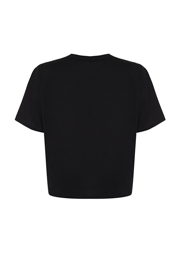 Siyah Kalp Aksesuar Detaylı Oversize/Bol Kesim %100 Pamuk Örme T-shirt TBBSS24BF00008 - 8