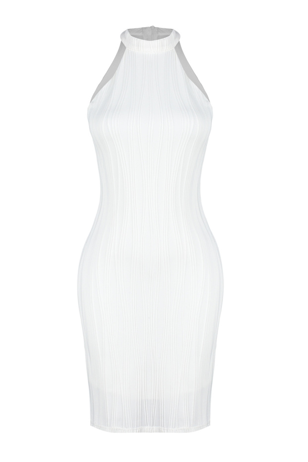 Beyaz Dokulu Halter Yaka Bodycone/Vücudu Saran Örme Mini Esnek Elbise TWOSS24EL00472 - 7