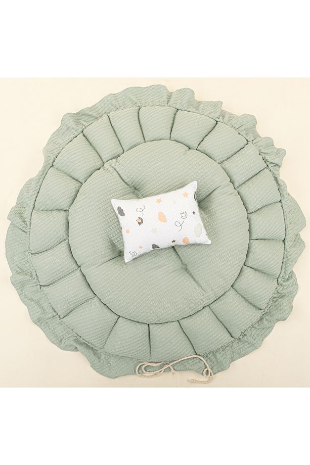 Müslin Çift Taraflı Yuvarlak Babynest Bebek Yatak (Oyun Minderi ) ve Yastık - Mint Örgü - Kuş - 7