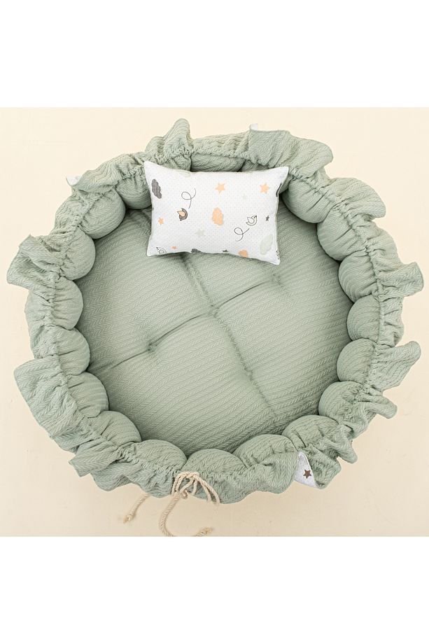 Müslin Çift Taraflı Yuvarlak Babynest Bebek Yatak (Oyun Minderi ) ve Yastık - Mint Örgü - Kuş - 2