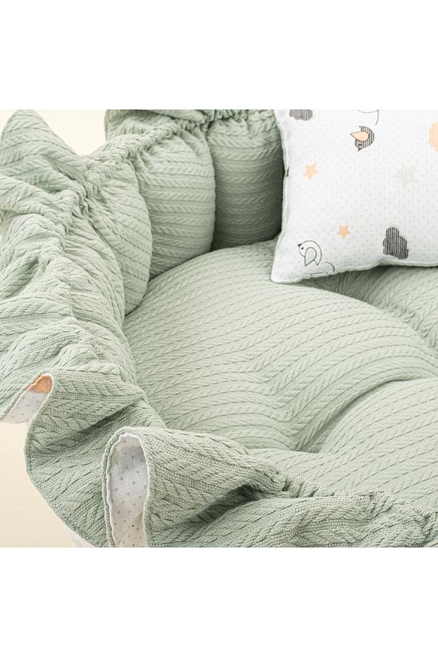 Müslin Çift Taraflı Yuvarlak Babynest Bebek Yatak (Oyun Minderi ) ve Yastık - Mint Örgü - Kuş - 4