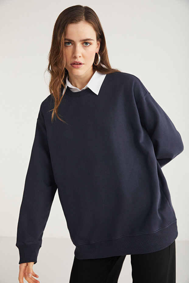 Karıus Women's Regular Fit 100% Organic Cotton Fleece Lined Round Neck Navy Blue Sweatshirt