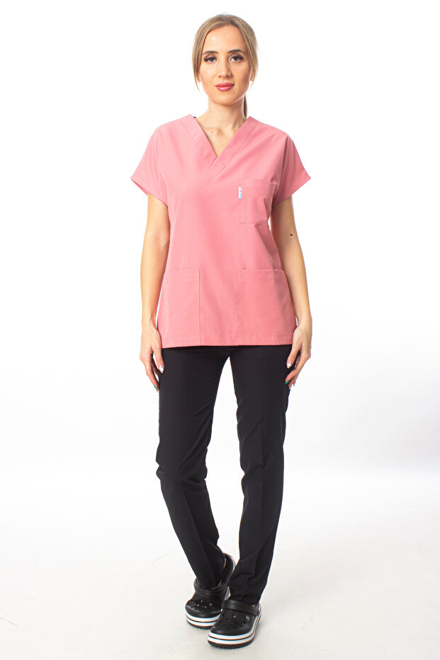 Surgical Doctor Nurse Uniform Alpaca Powder Pink Top Black Bottom Set