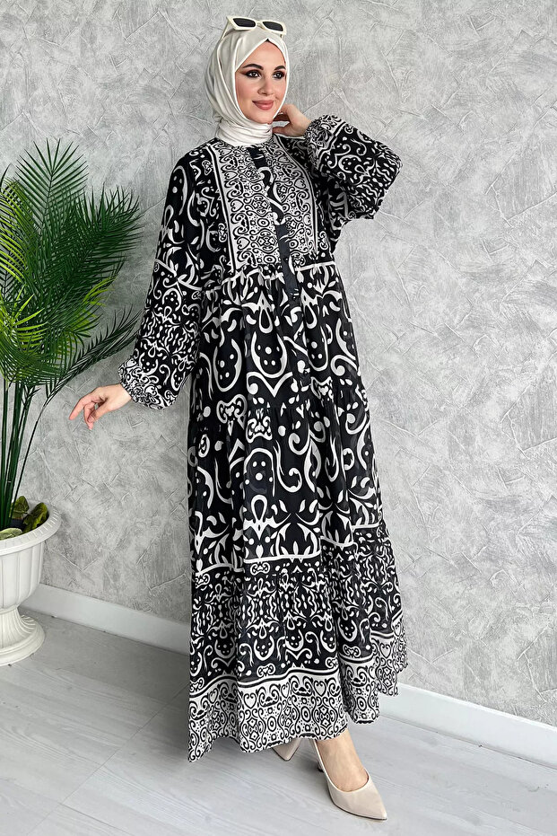 فستان شيفون منقوش بنصف زر أسود - 2