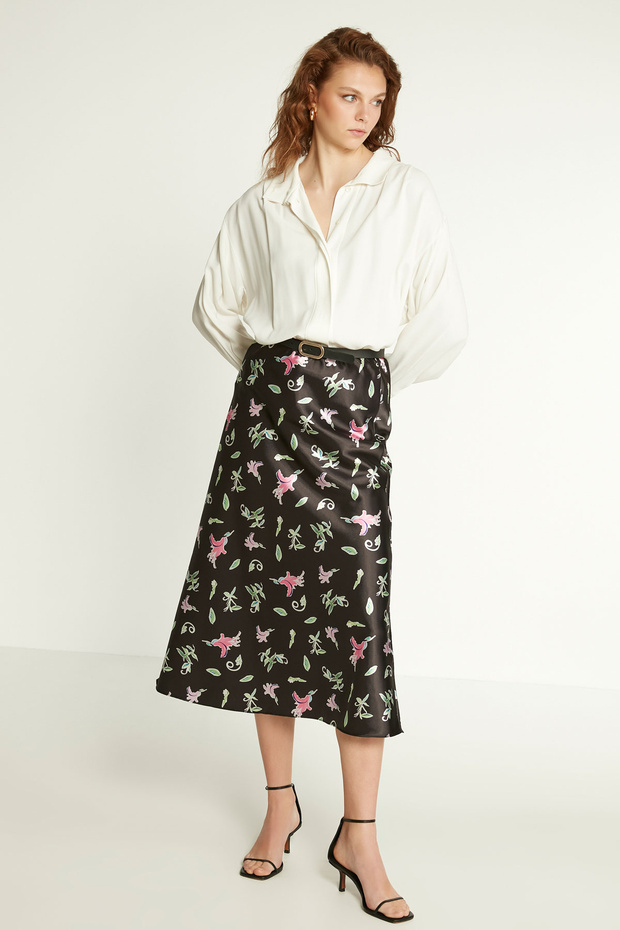 Satinrock mit Blumenmuster und elastischem Bund - 4