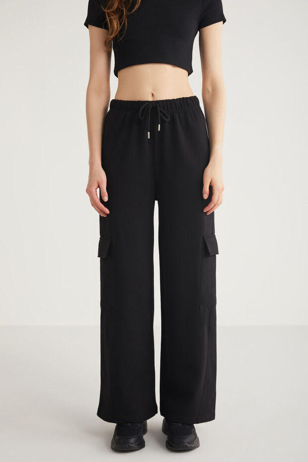 Phoebe Women's 100% Cotton Fleece-Free Cargo Pocket Black Sweatpants with Elastic Waist
