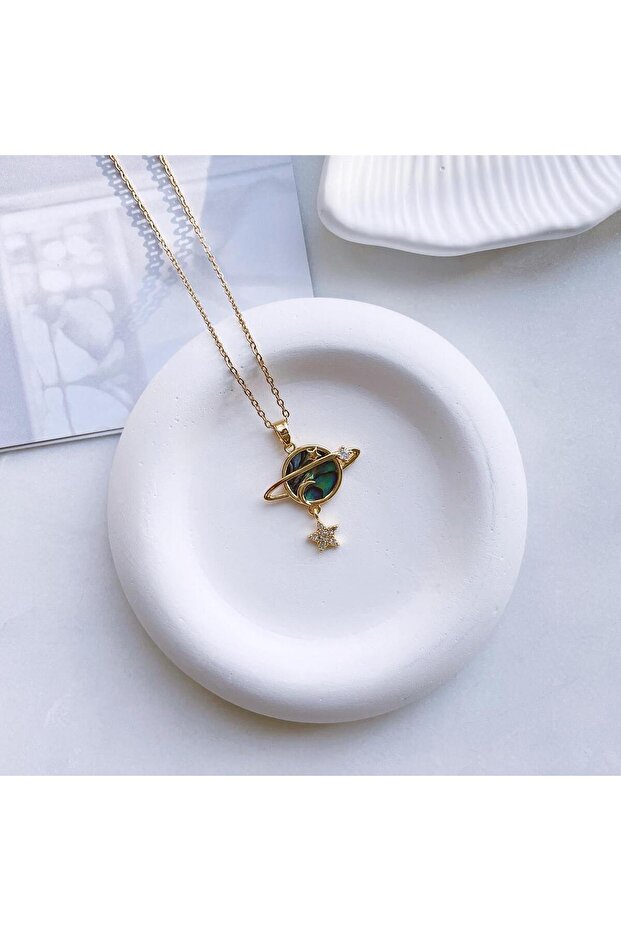 Saturn taş Çelik Kolye - 1