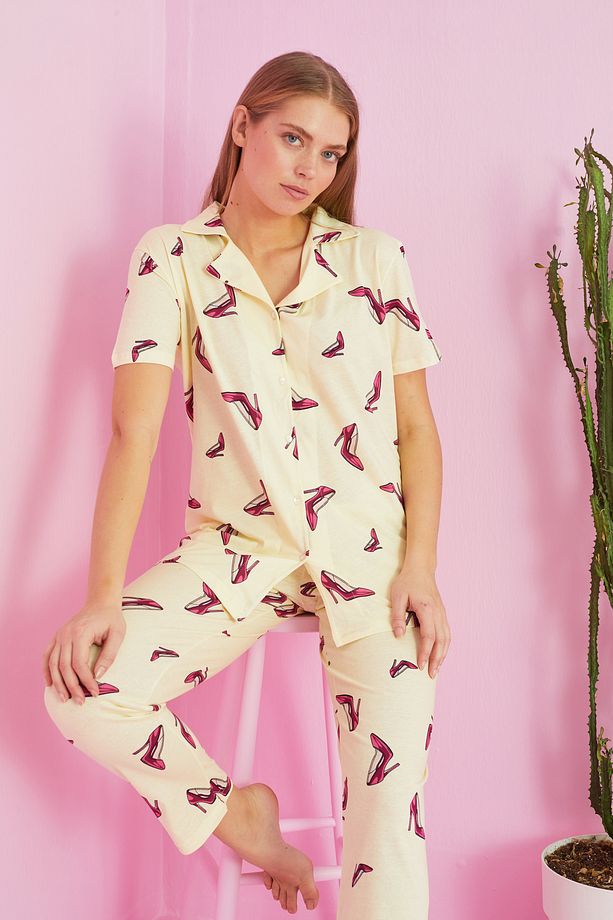 sarı ayakkabı desenli Örme Pamuklu Düğmeli Pijama Takım - 1