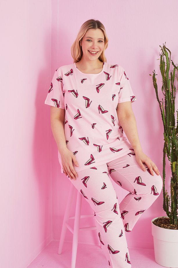 pembe ayakkabı desenli Örme Curve Büyük Beden Battal Boy Pijama Takımı - 1