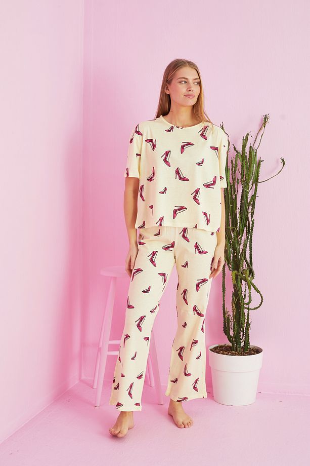 sarı ayakkabı desenli Örme Pamuklu Pijama Takım - 2