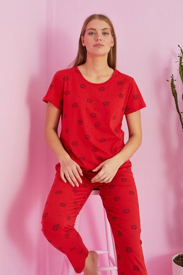 kırmızı çiçek desenli Örme Pamuklu Pijama Takımı - 1