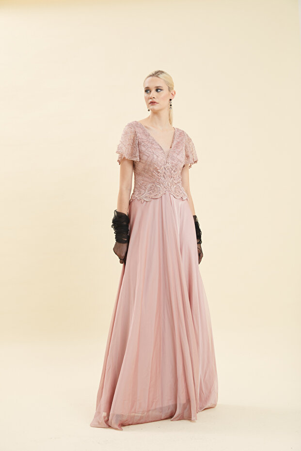 V Yaka İşlemeli Abiye Elbise - 2