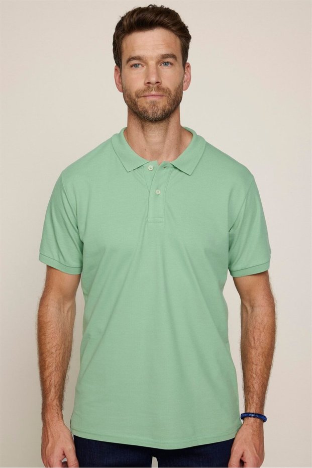 Men's Slim Fit Slim Fit 100% Cotton Plain Pique Green Polo Collar T-Shirt