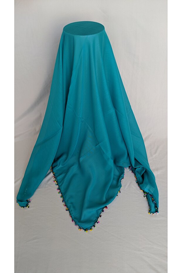 Glass Beaded Crochet Petrol Green Head Covering Scarf Prayer Cloth