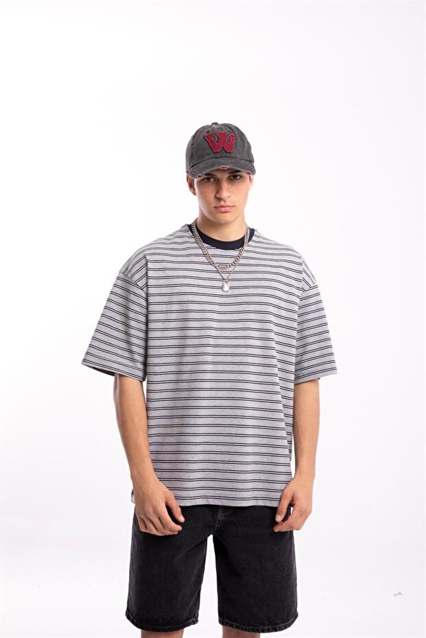 Flaw Atelier Basic Navy Blue Striped Gray Oversize T-Shirt