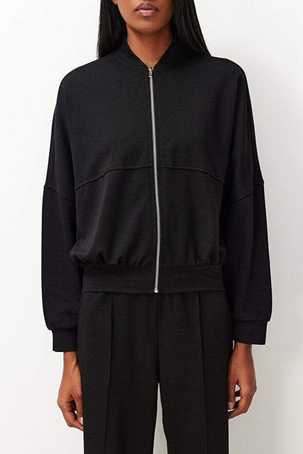 Siyah Nervürlü Fermuarlı Dik Yaka Örme Sweatshirt/Pantolon Alt-Üst Takım TWOSS24AU00119 - 4