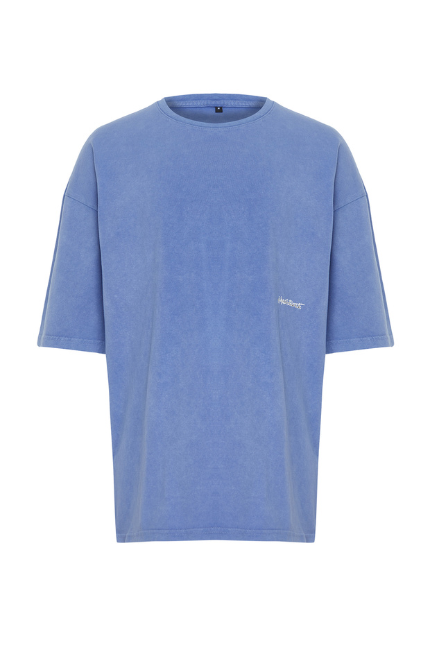 Lila Oversize/Geniş Kesim Eskitme/Soluk Efektli Tok Kumaş T-shirt TMNSS24TS00192 - 8