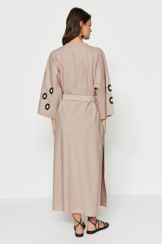 Bej Kuşaklı Dokuma Nakışlı Maxi Plaj Kimono&Kaftan TBESS21KM0175 - 5