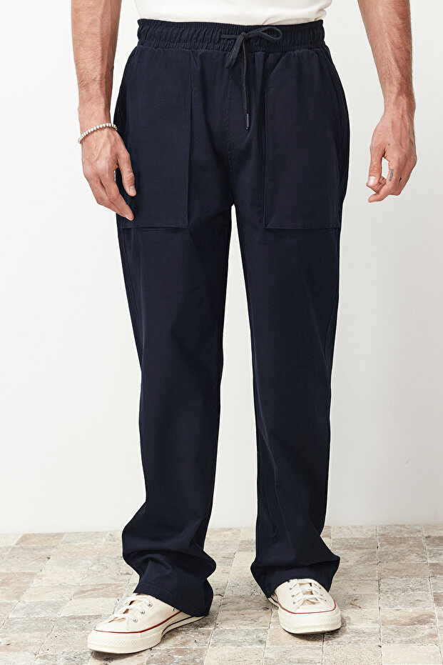 Lacivert Standart Fit Lastikli Beli Bağlamalı Baggy Pantolon TMNSS24PL00014 - 1