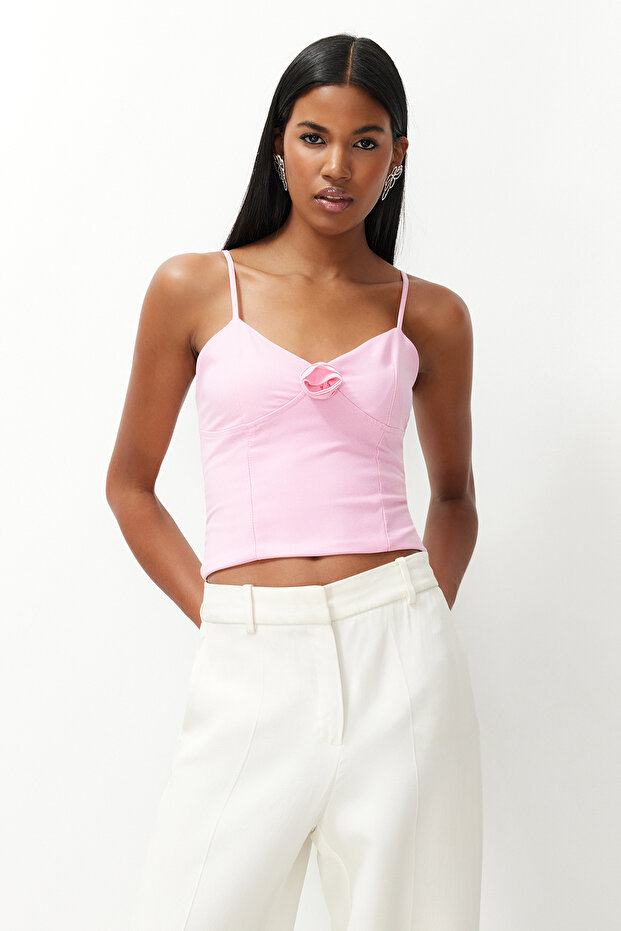 Rose Detailed Pink Crop Bustier - TPRSS24BS00032