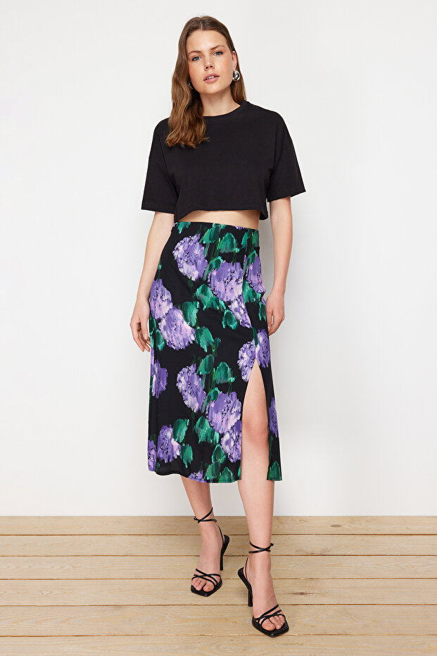 Lilac Slit Detailed Viscose Fabric Patterned Midi Woven Skirt TWOAW22ET0447