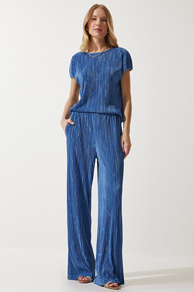 Women's Navy Blue Pleated Comfortable Blouse Pants Set MC00283