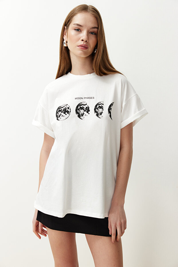 Ekru %100 Pamuk Baskılı Boyfriend Fit Bisiklet Yaka Örme T-Shirt TWOSS20TS0245 - 1