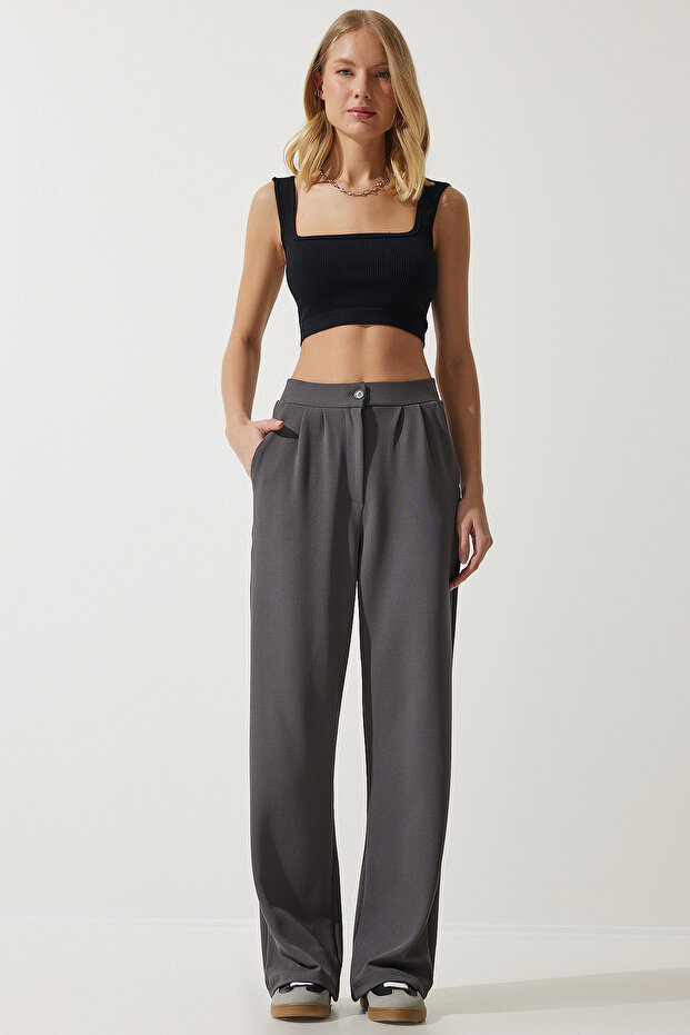 Women's Gray Lycra Comfortable Palazzo Knitted Trousers RV00175
