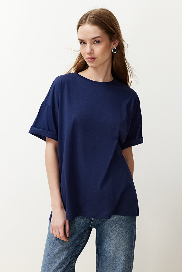 Lacivert %100 Pamuk Bisiklet Yaka Oversize/Geniş Kalıp Örme T-Shirt TWOSS20TS0134 - 3