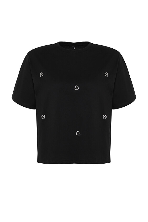 Siyah Kalp Aksesuar Detaylı Oversize/Bol Kesim %100 Pamuk Örme T-shirt TBBSS24BF00008 - 7